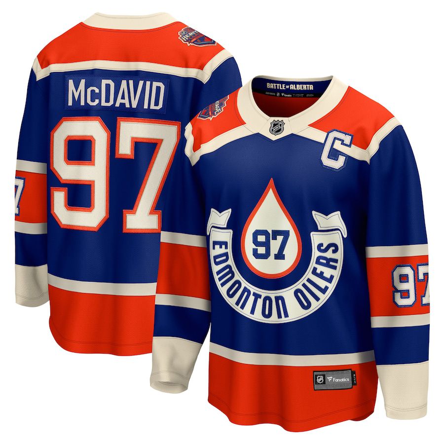 Men Edmonton Oilers #97 Connor McDavid Fanatics Branded Royal 2023 NHL Heritage Classic Premier Breakaway Player Jersey